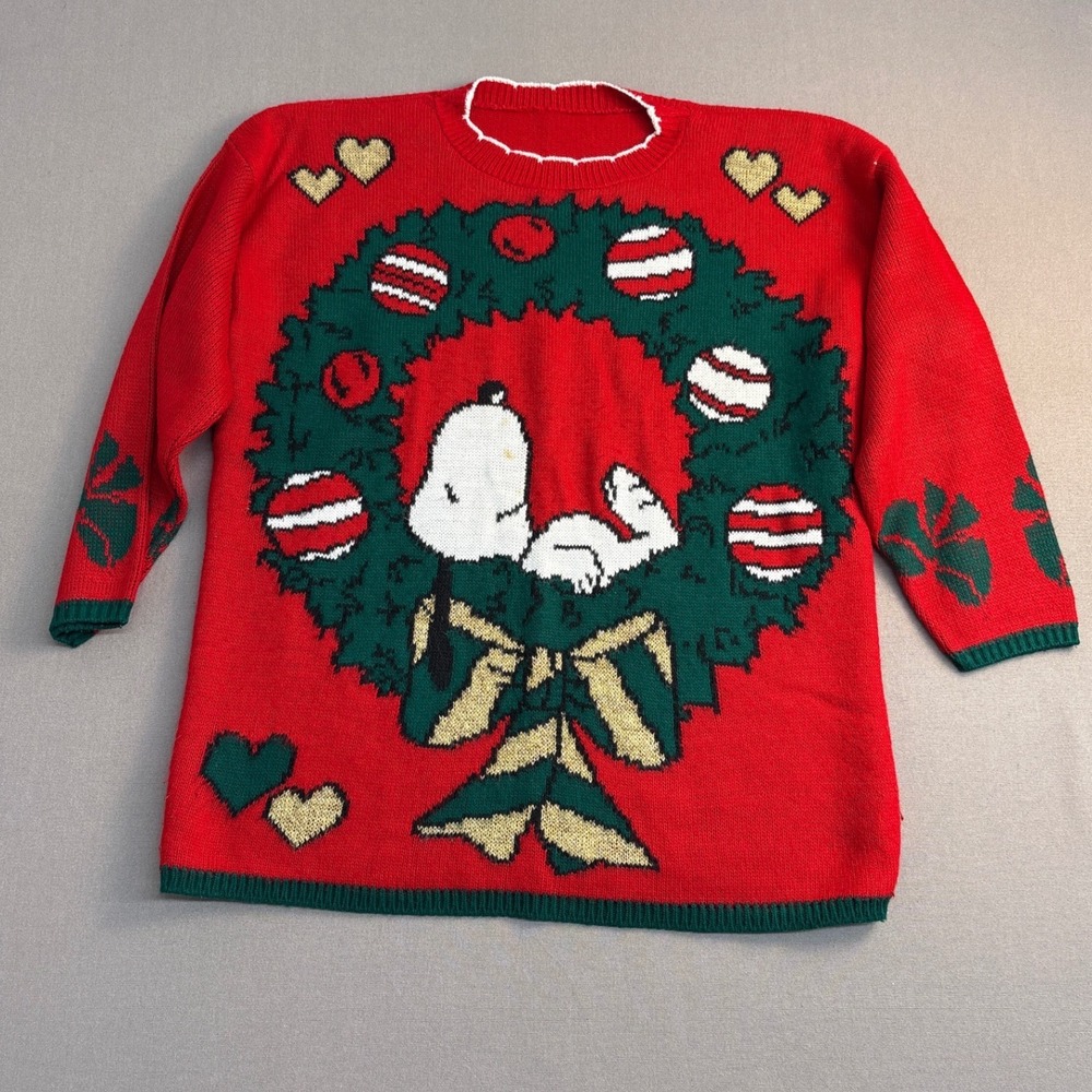 Vintage Snoopy Christmas Wreath Sweater Red Knit Holiday Pullover Women Large
